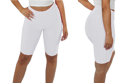 LADIES TEXTURED HONEYCOMB CYCLING SHORTS STRETCHY HIGH WAIST FITNESS YOGA GYM