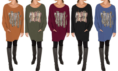 NEW LADIES OVERSIZED FOIL LEOPARD STRIPE PRINT BATWING LOOSE FIT SWEATSHIRT TOP