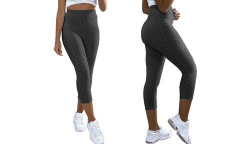LADIES ANTI CELLULITE TEXTURED HIGH WAIST CAPRI 3/4 LENGTH YOGA GYM LEGGINGS