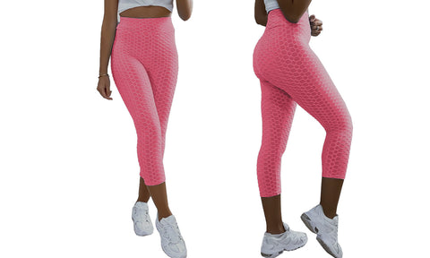 LADIES ANTI CELLULITE TEXTURED HIGH WAIST CAPRI 3/4 LENGTH YOGA GYM LEGGINGS