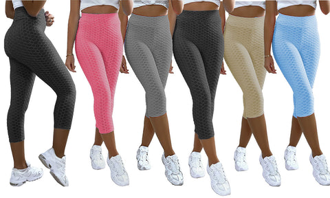LADIES ANTI CELLULITE TEXTURED HIGH WAIST CAPRI 3/4 LENGTH YOGA GYM LEGGINGS