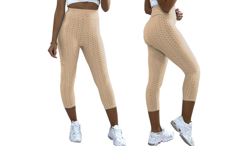 LADIES ANTI CELLULITE TEXTURED HIGH WAIST CAPRI 3/4 LENGTH YOGA GYM LEGGINGS
