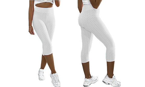 LADIES ANTI CELLULITE TEXTURED HIGH WAIST CAPRI 3/4 LENGTH YOGA GYM LEGGINGS
