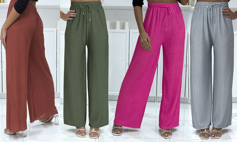 LADIES WOMEN FLARED TEXTURED TROUSERS WIDE LEG PALAZZO BOTTOMS