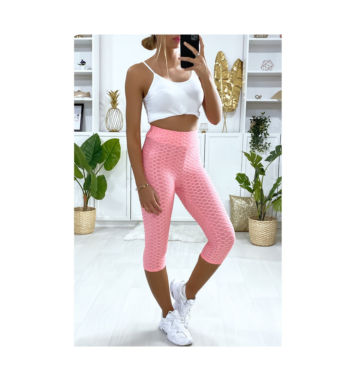LADIES ANTI CELLULITE TEXTURED HIGH WAIST CAPRI 3/4 LENGTH YOGA GYM LEGGINGS
