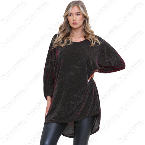 LADIES OVERSIZED SHINY SHIMMER LUREX KNIT GLITTER BATWING SLEEVE HILO TUNIC TOP