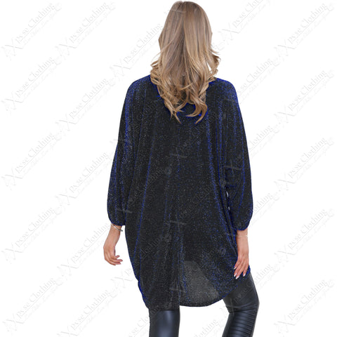 LADIES OVERSIZED SHINY SHIMMER LUREX KNIT GLITTER BATWING SLEEVE HILO TUNIC TOP