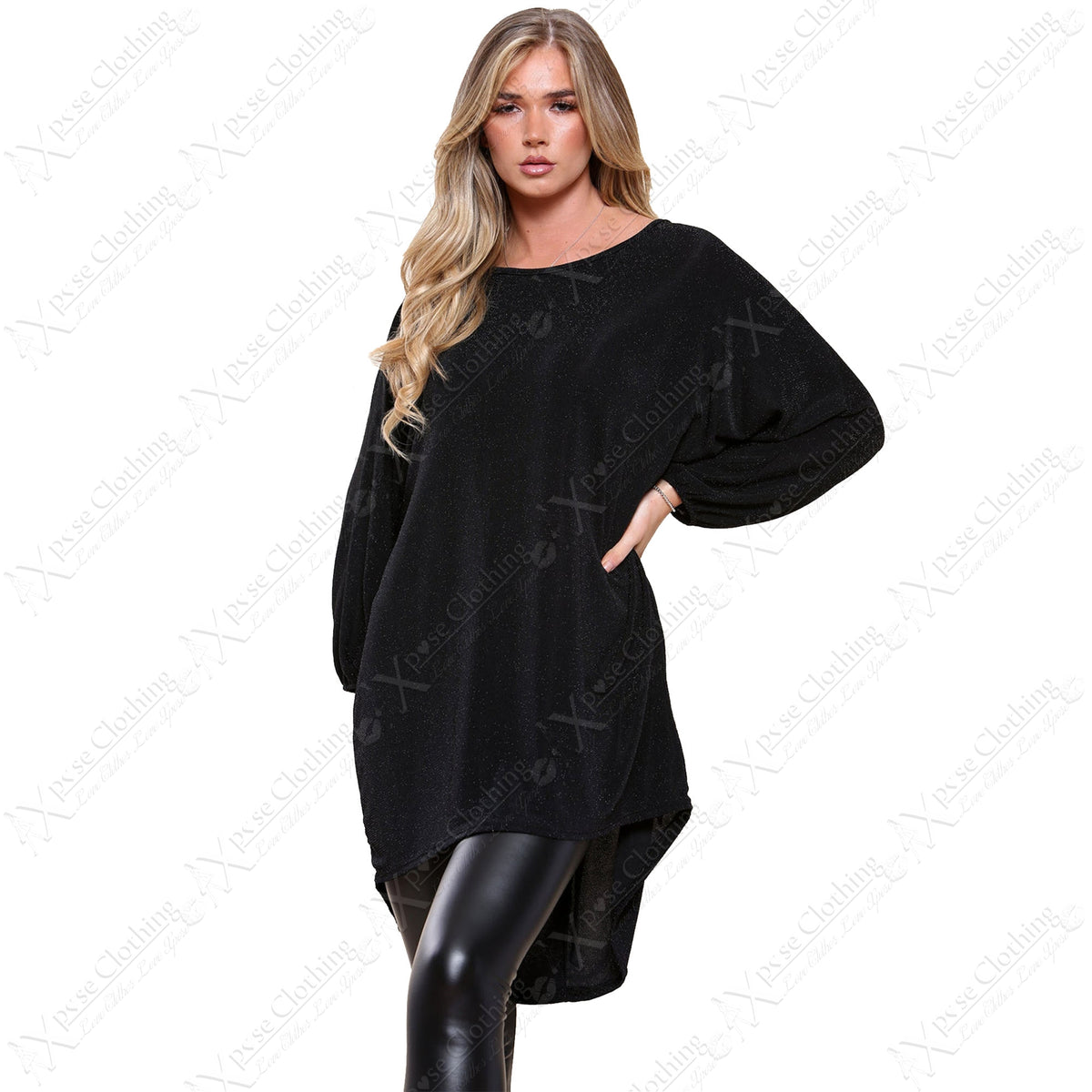 LADIES OVERSIZED SHINY SHIMMER LUREX KNIT GLITTER BATWING SLEEVE HILO TUNIC TOP