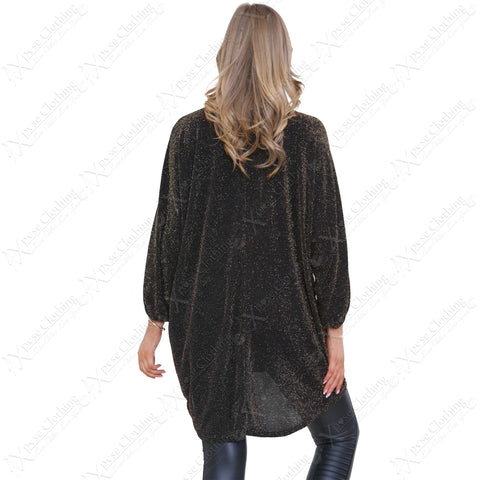 LADIES OVERSIZED SHINY SHIMMER LUREX KNIT GLITTER BATWING SLEEVE HILO TUNIC TOP