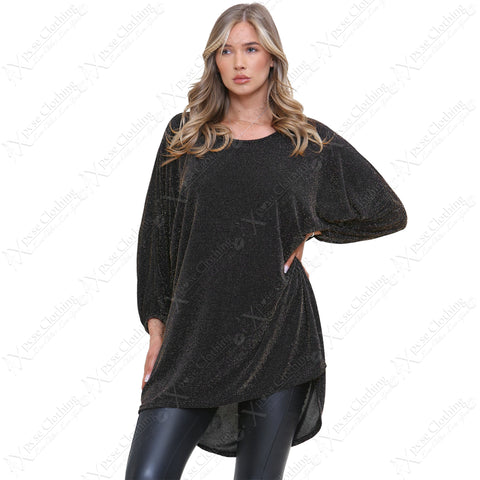 LADIES OVERSIZED SHINY SHIMMER LUREX KNIT GLITTER BATWING SLEEVE HILO TUNIC TOP