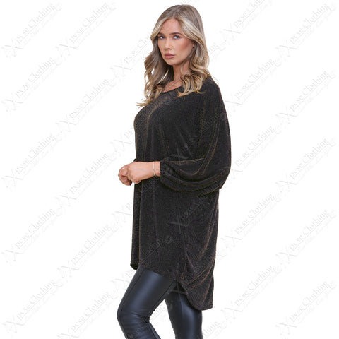 LADIES OVERSIZED SHINY SHIMMER LUREX KNIT GLITTER BATWING SLEEVE HILO TUNIC TOP