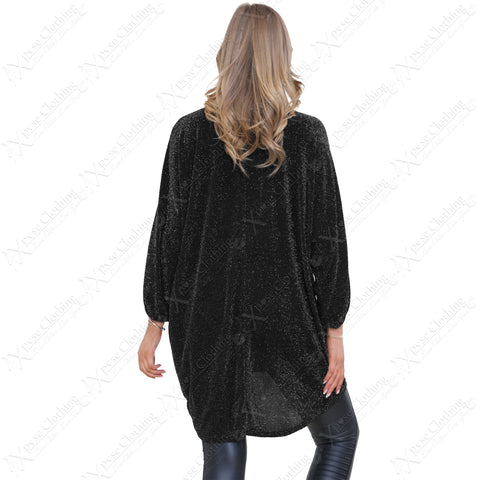 LADIES OVERSIZED SHINY SHIMMER LUREX KNIT GLITTER BATWING SLEEVE HILO TUNIC TOP