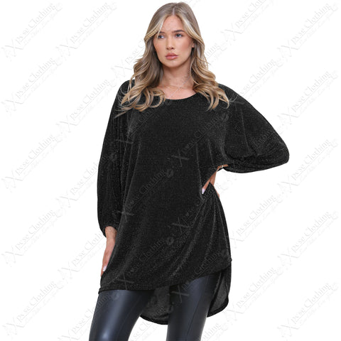 LADIES OVERSIZED SHINY SHIMMER LUREX KNIT GLITTER BATWING SLEEVE HILO TUNIC TOP