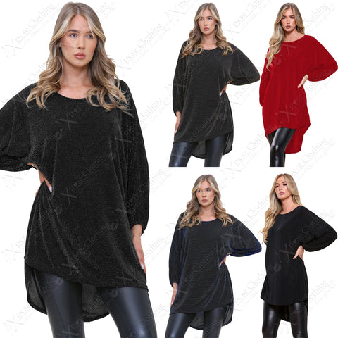 LADIES OVERSIZED SHINY SHIMMER LUREX KNIT GLITTER BATWING SLEEVE HILO TUNIC TOP
