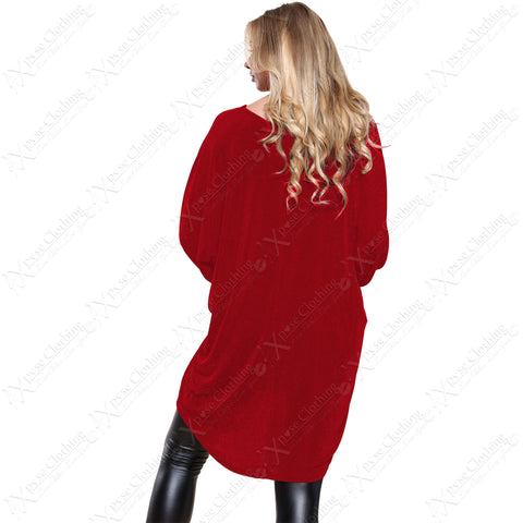 LADIES OVERSIZED SHINY SHIMMER LUREX KNIT GLITTER BATWING SLEEVE HILO TUNIC TOP