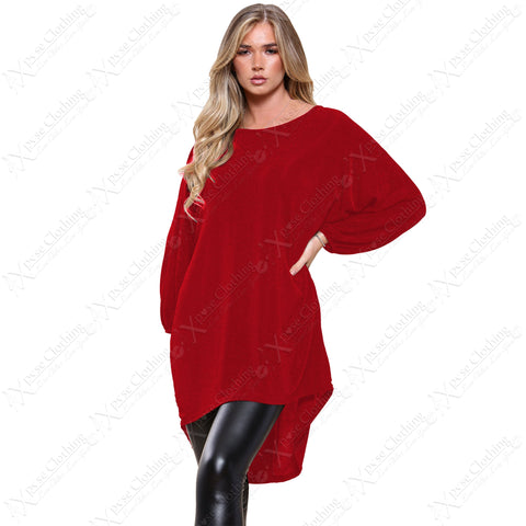 LADIES OVERSIZED SHINY SHIMMER LUREX KNIT GLITTER BATWING SLEEVE HILO TUNIC TOP