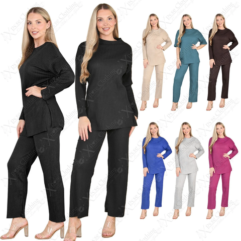 LADIES 2pc RIBBED BRUSH KNIT WARM FLEECE LINED SUIT WOMEN TROUSER TOP LOUNGE SET