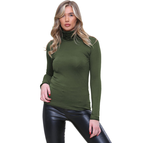 NEW LADIES RUFFLE POLO TURTLE HIGH NECK TOP WOMEN JERSEY LONG STRETCHY TOPS 8-14