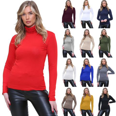 NEW LADIES RUFFLE POLO TURTLE HIGH NECK TOP WOMEN JERSEY LONG STRETCHY TOPS 8-14