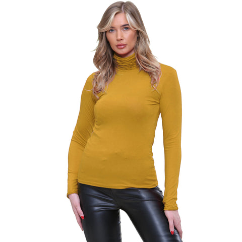 NEW LADIES RUFFLE POLO TURTLE HIGH NECK TOP WOMEN JERSEY LONG STRETCHY TOPS 8-14
