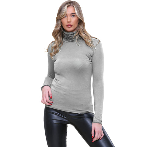 NEW LADIES RUFFLE POLO TURTLE HIGH NECK TOP WOMEN JERSEY LONG STRETCHY TOPS 8-14