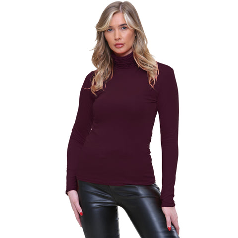 NEW LADIES RUFFLE POLO TURTLE HIGH NECK TOP WOMEN JERSEY LONG STRETCHY TOPS 8-14